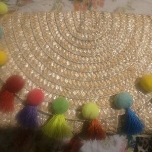 Colorful Pom Pom Straw Clutch